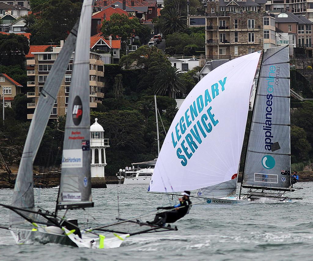 Appliancesonline challenges for the lead at the bottom mark on the second of three laps - 18ft Skiffs - Spring Championship 2017 © 18footers.com